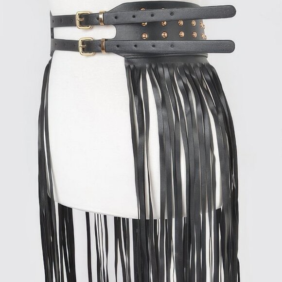 Faux Leather Metal Studded Fringe Belt